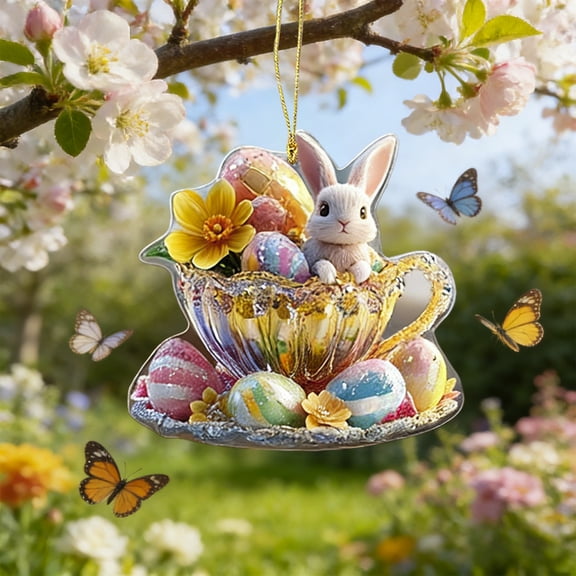Kumdkd Easter Bunny and Egg Hanging Ornaments, 2D Flat Acrylic Decor for Home Garden Wall, 3.3x3.14in Colorful Holiday Hanging Pendants, Set of 1, Spring Gift Decoration