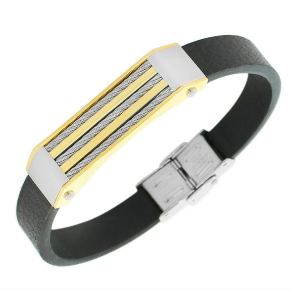 Stainless Steel Black Leather Two-Tone Twisted Cable Rope Men's Bracelet