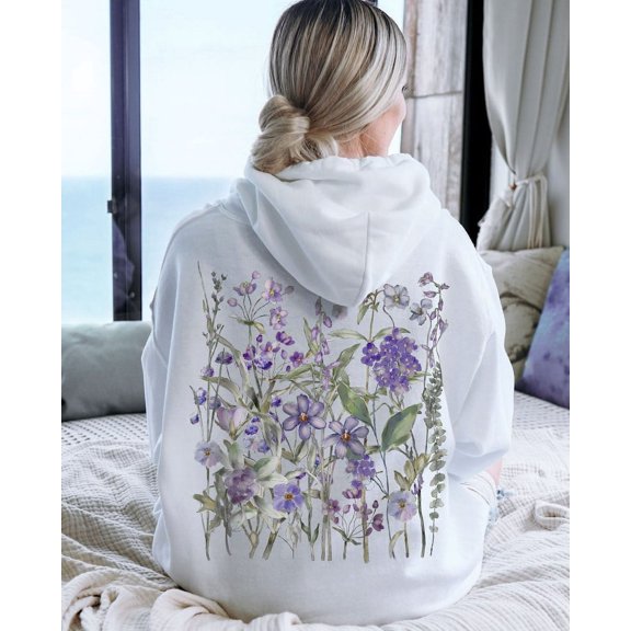 Vintage Pressed Flowers Hooded Sweatshirt, Boho Cottagecore Pastel Botanical Floral Pullover Fairycore Oversized Wildflowers Crewneck Hoodie