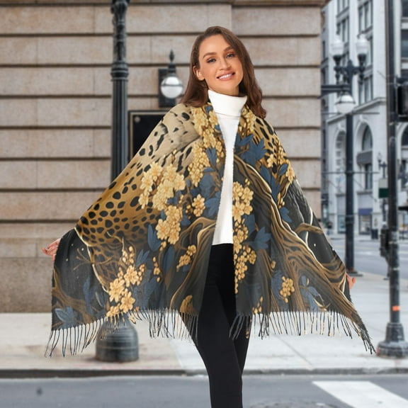 Leopard Cheetah Leaves Wood Winter Scarf for Women Fashion Warm Long Soft Blanket Scarves Gifts