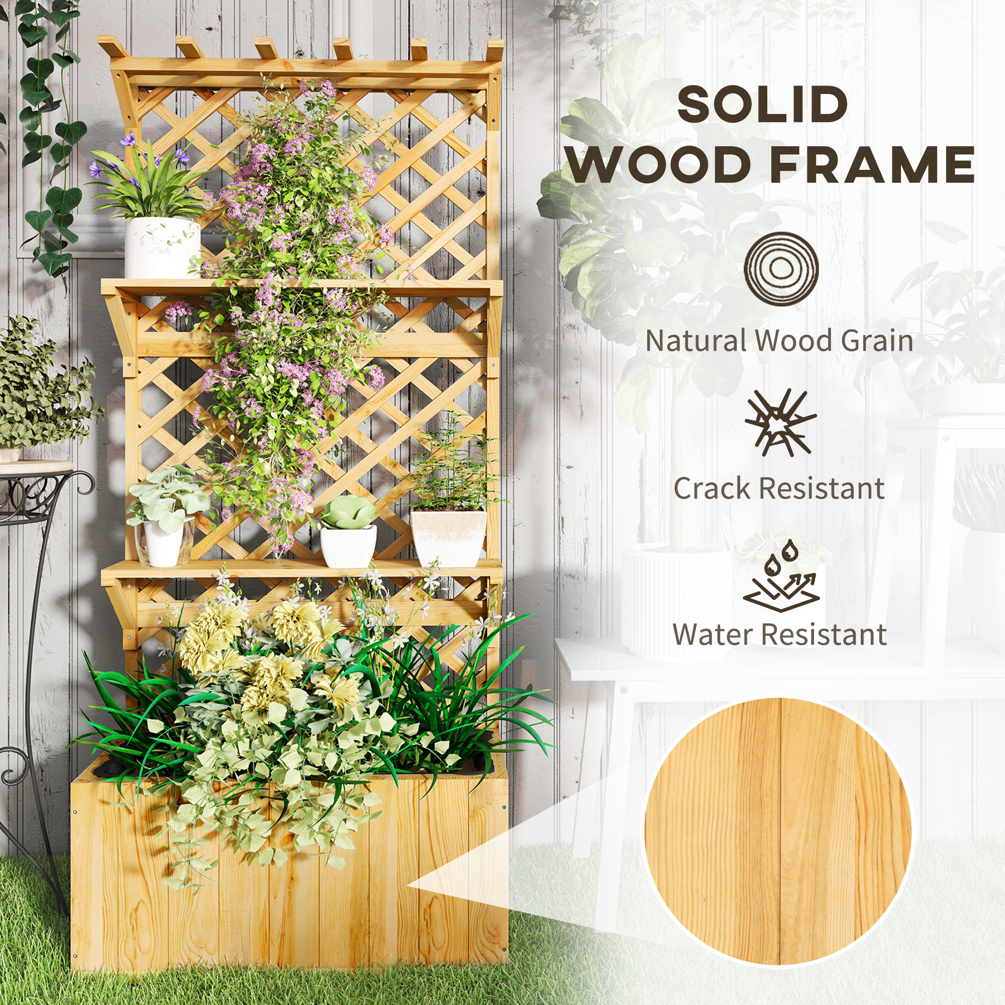 Outsunny Wooden Raised Garden Bed, Planter with Trellis, Hanging Roof, Plant Shelf, Drainage Holes and Bed Liner, Natural