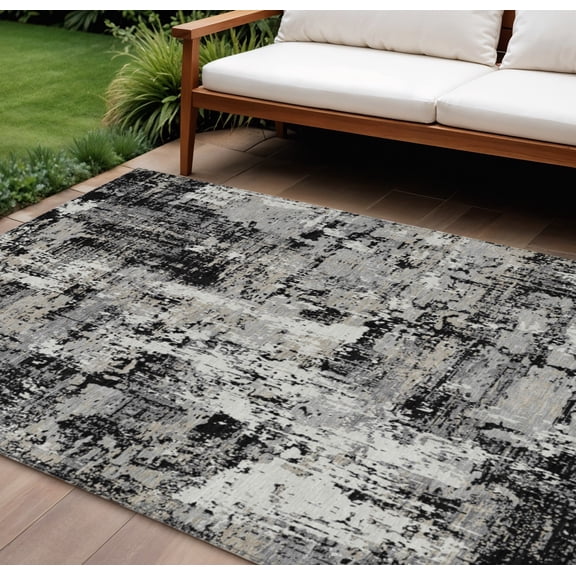 HomeRoots 597936 9 x 12 ft. Black & Gray Abstract Washable Indoor & Outdoor Rectangle Area Rug