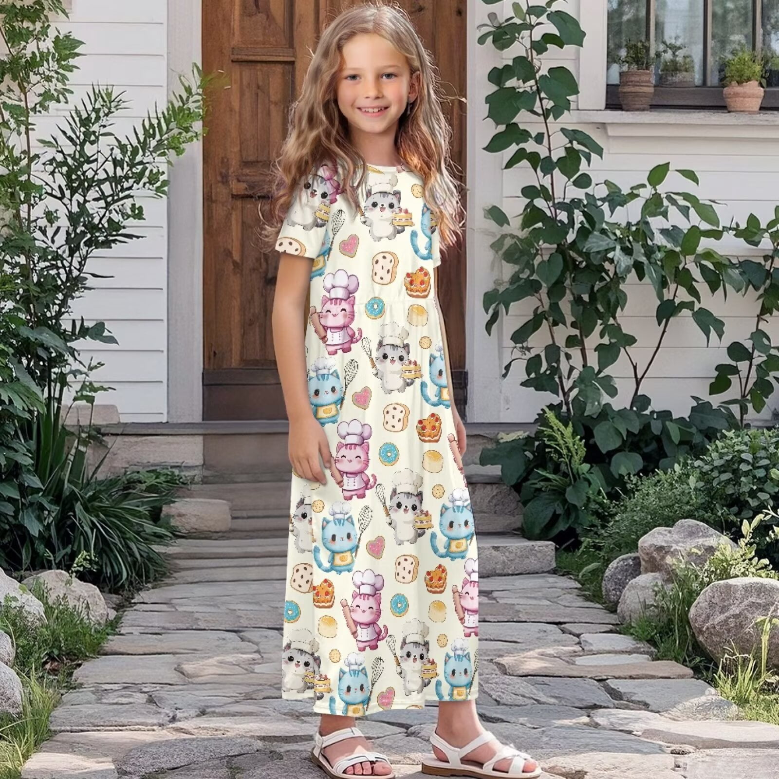 Uourmeti Girl's Short Sleeve Cartoon Cat Cook Print Crew Neck Loose Casual Long Maxi Dress with Pockets Toddler Girls Sundress Clothes, Size 13-14 Years