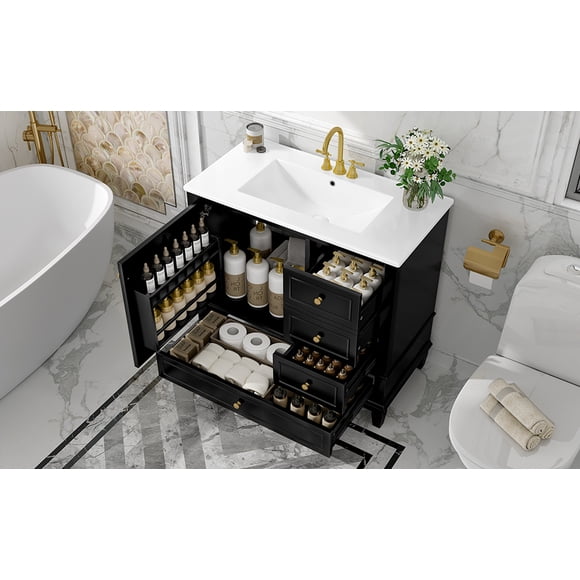 [Video] 36" Bathroom Vanity with Ceramic Sink, Solid Wood Frame & Legs, 3 Drawers + Single-Door Cabinet, Soft-Close Hinges, Built-in Door Shelves, Black