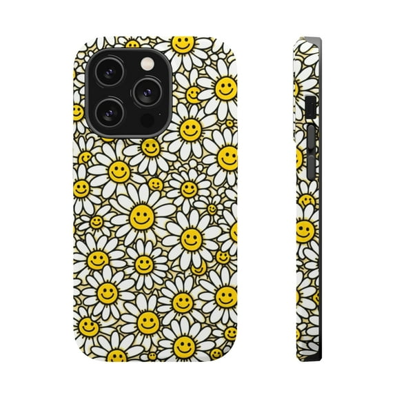 DistinctInk Tough Case for Apple iPhone 13 PRO (6.1" Screen), Compatible with MagSafe Charging - "Infinite Smiling Daisy Pattern Delight"