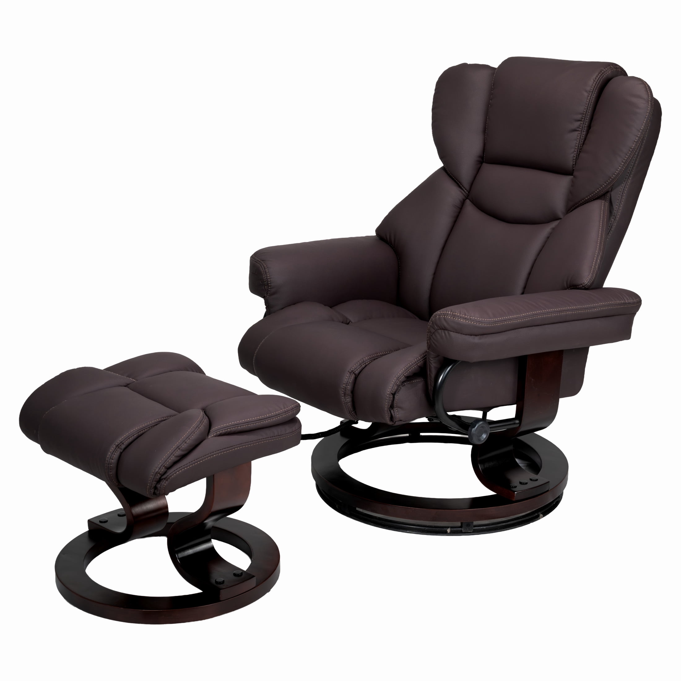 Noble House 8-Point Heated Massage Recliner with Ottoman, Durable Faux Leather Lounge Chair with Bent Wood Base, Brown
