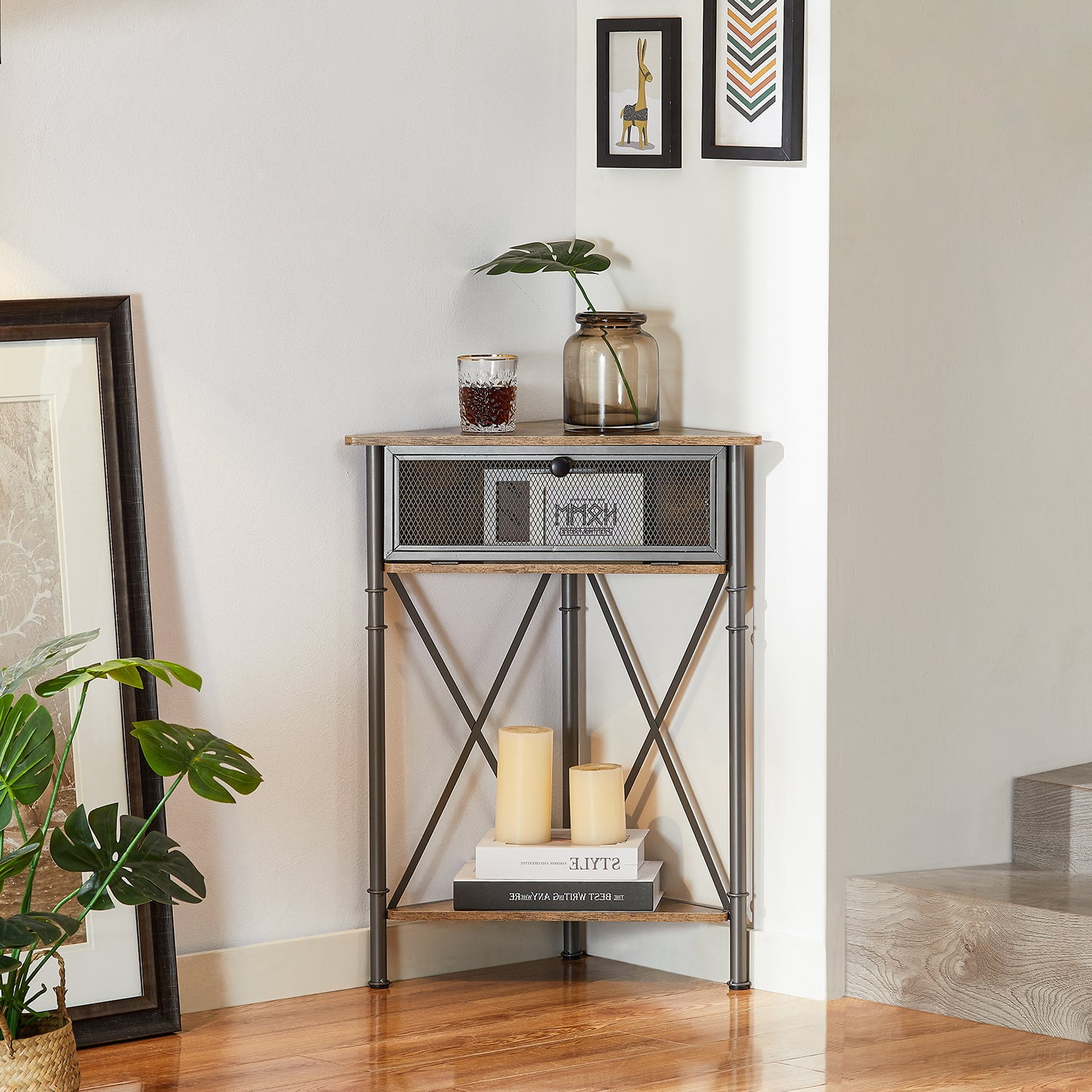 VECELO Corner Storage Cabinet with Wooden Shelves Free-Standing Organi