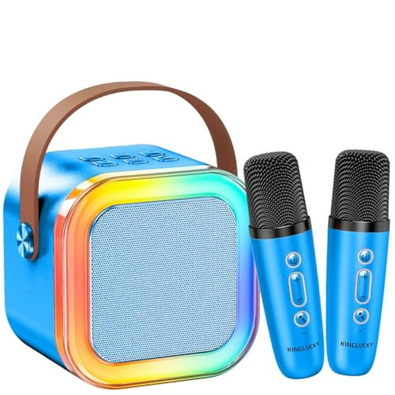 Mini Karaoke Machine for Kids,2025 TOP Birthday Gifts Ideas for 3-12 Year Old Girls,Christmas Party Gifts Kids' Personal Video Players Accessories with 2 Wireless Microphones - Gold Blue