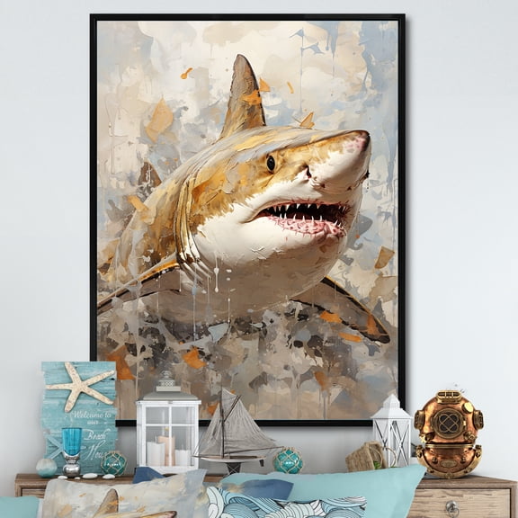 Designart "Beige Hued Shark Essence I" Shark Floater Framed Canvas Wall Art