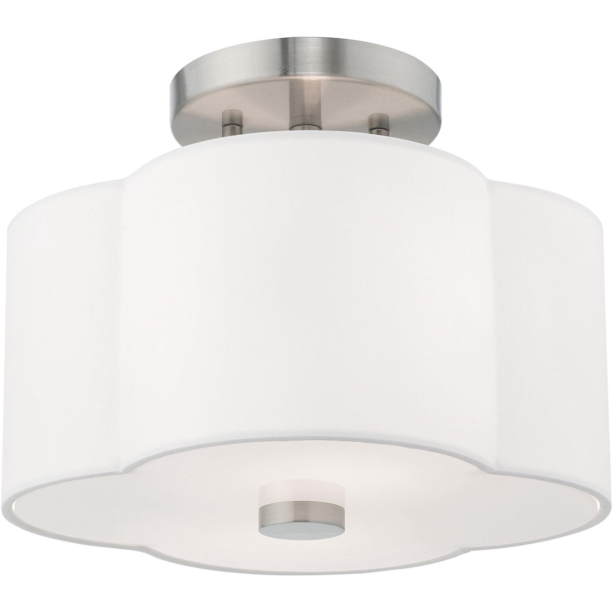 2 Light Brushed Nickel Ceiling Light fixture with Hand Crafted Off-White Fabric Hardback Shade