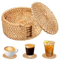 Natural Rattan Coaster Set with Holder - Handwoven Wicker Drink Coasters for Table Protection,Boho Home Decor,6 Pcs