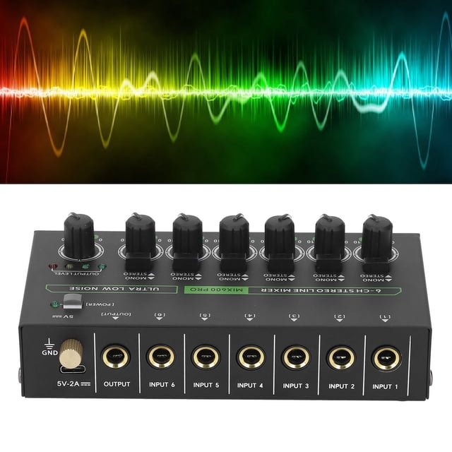 6 Channel Mixer, RGB Light Audio Mixer with Ultra Low Noise Operat 6.35mm Stereo Interface Mini Audio Mixer for Guitars Bass Keyboards Stage Recording Studio