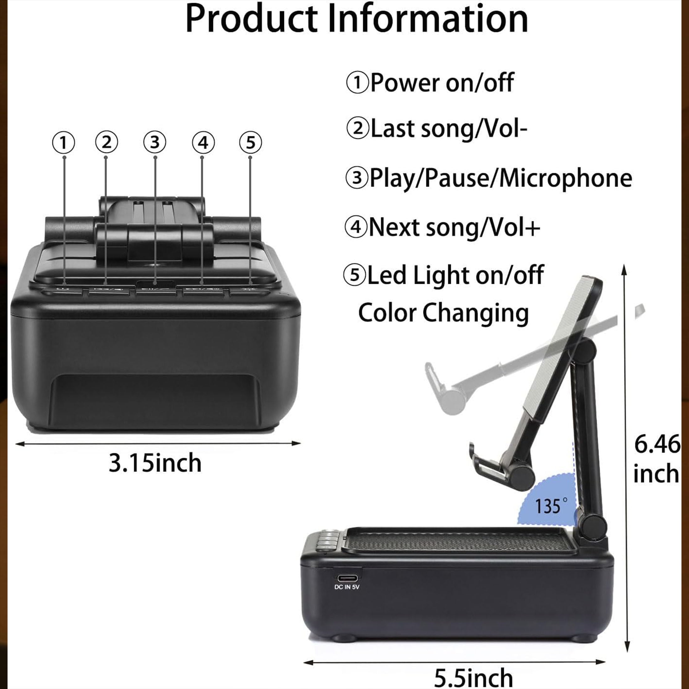 Portable Phone Stand with Speaker Bluetooth, Foldable Cellphone Stand with Led Color Changing Light, Angle Adjustable Cell Phone Holder with HD Stereo Sound Fits Phones,Tablet (Black)