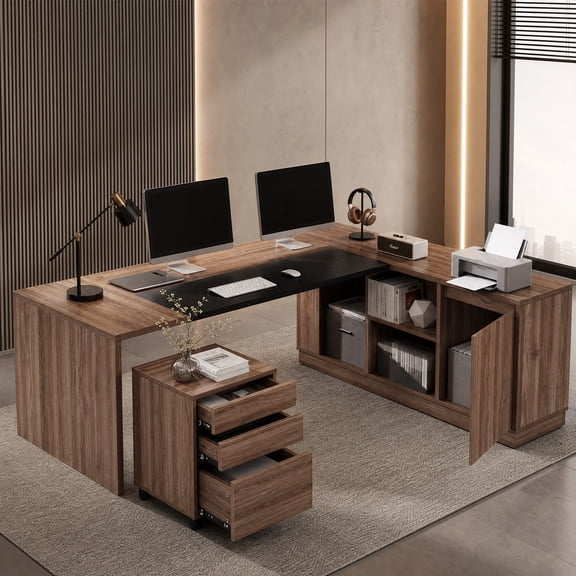 Fnova 78.7" Extra Large Office Desk with Mobile File Cabinet, Modern L-Shaped Executive Desk with Under-Desk Filing Cabinet for Office, Brown & Black