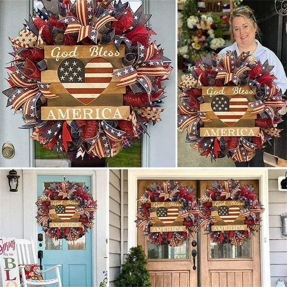 HmNPlay 4th of July Wreath - Handmade Patriotic Memorial Day Front Door Decor, Reusable American Flag Wreath for Veterans Day, Summer Porch Decor with Vibrant All-Weather Flowers