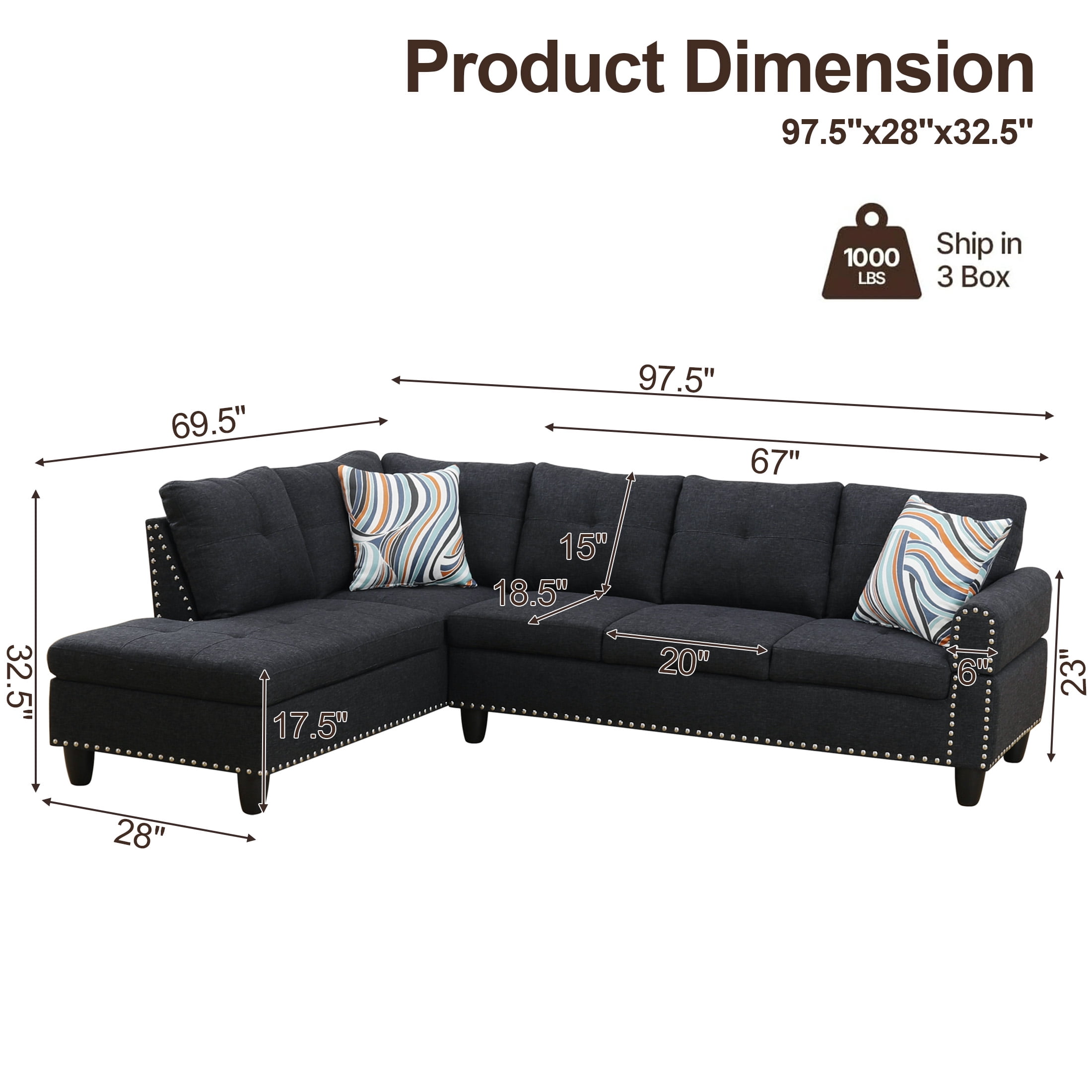 AENKYO 98" L-Shaped Sectional Sofa with Reversible Chaise and Cup Holders, Linen, Black Gray