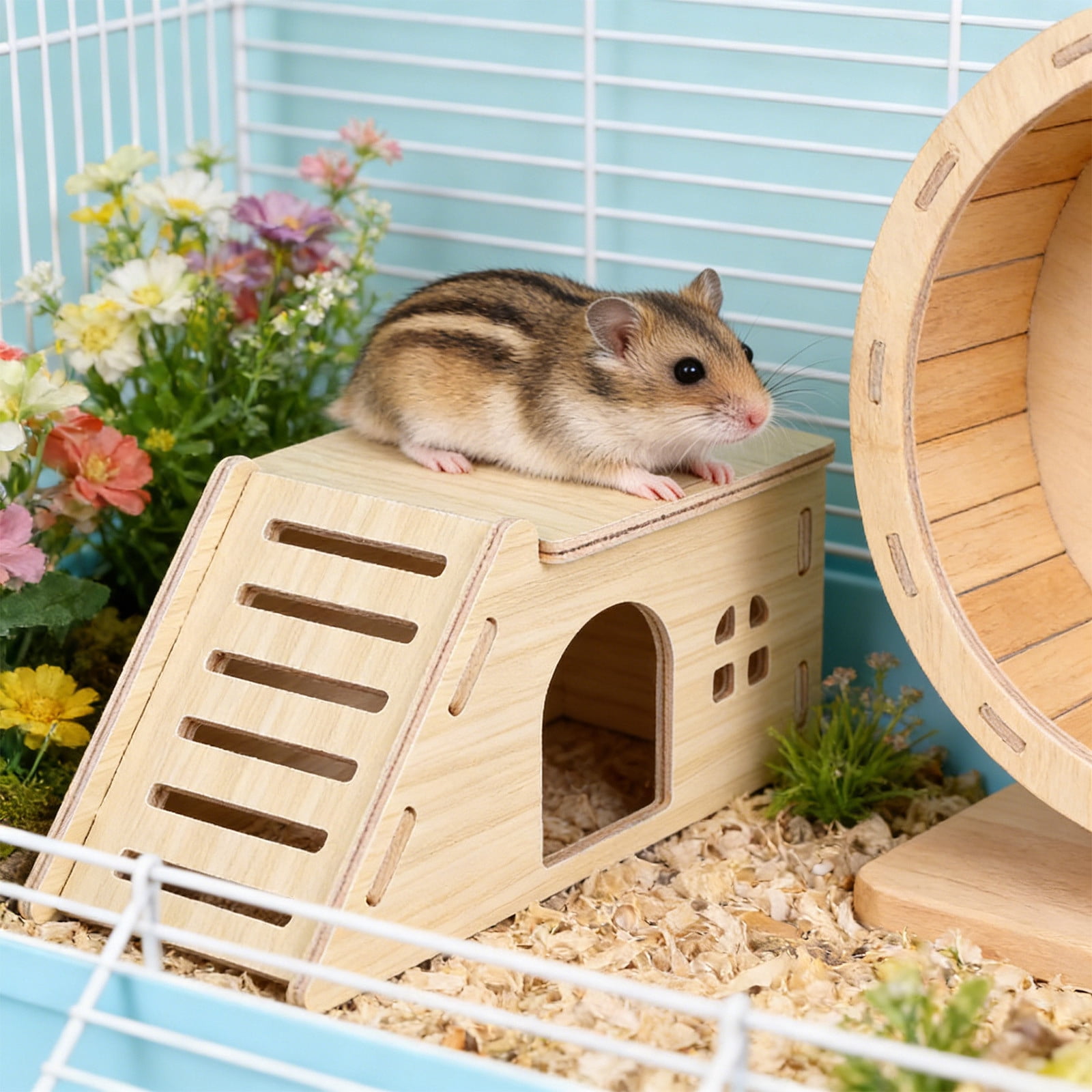 Nebwoak Natural Wood Hamster Hideout, Small Animal Chew Proof Teeth Grinding Bed for Gerbils, Solid Safe Hide House for Cage Sleeping