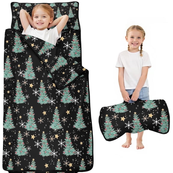 Black Christmas Tree Pattern Toddler Nap Mats for Kids Preschool,50"x20" Sleeping Mat Bag or Kids,Toddler Sleeping Bag,Toddler Nap Mat or Daycare