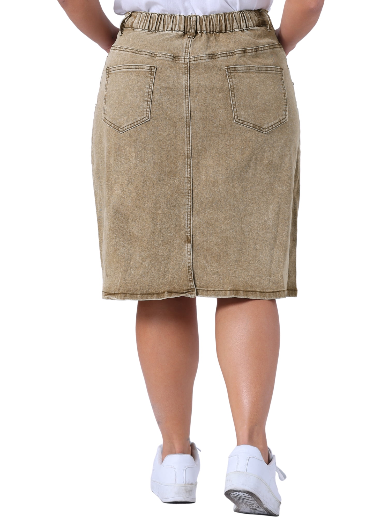 DARING DIVA Women's Plus Denim Elastic Waist Back Vent Jeans Skirts 3X Khaki