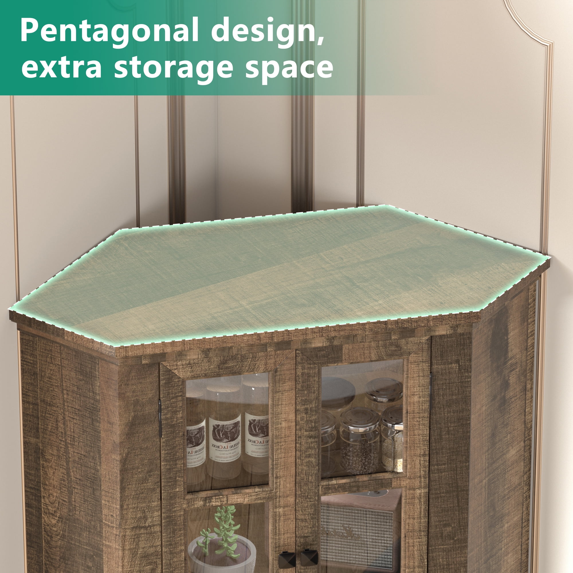 GetYes 67-Inch Corner Pantry Cabinet, 6-Tier Farmhouse with Glass Doors
