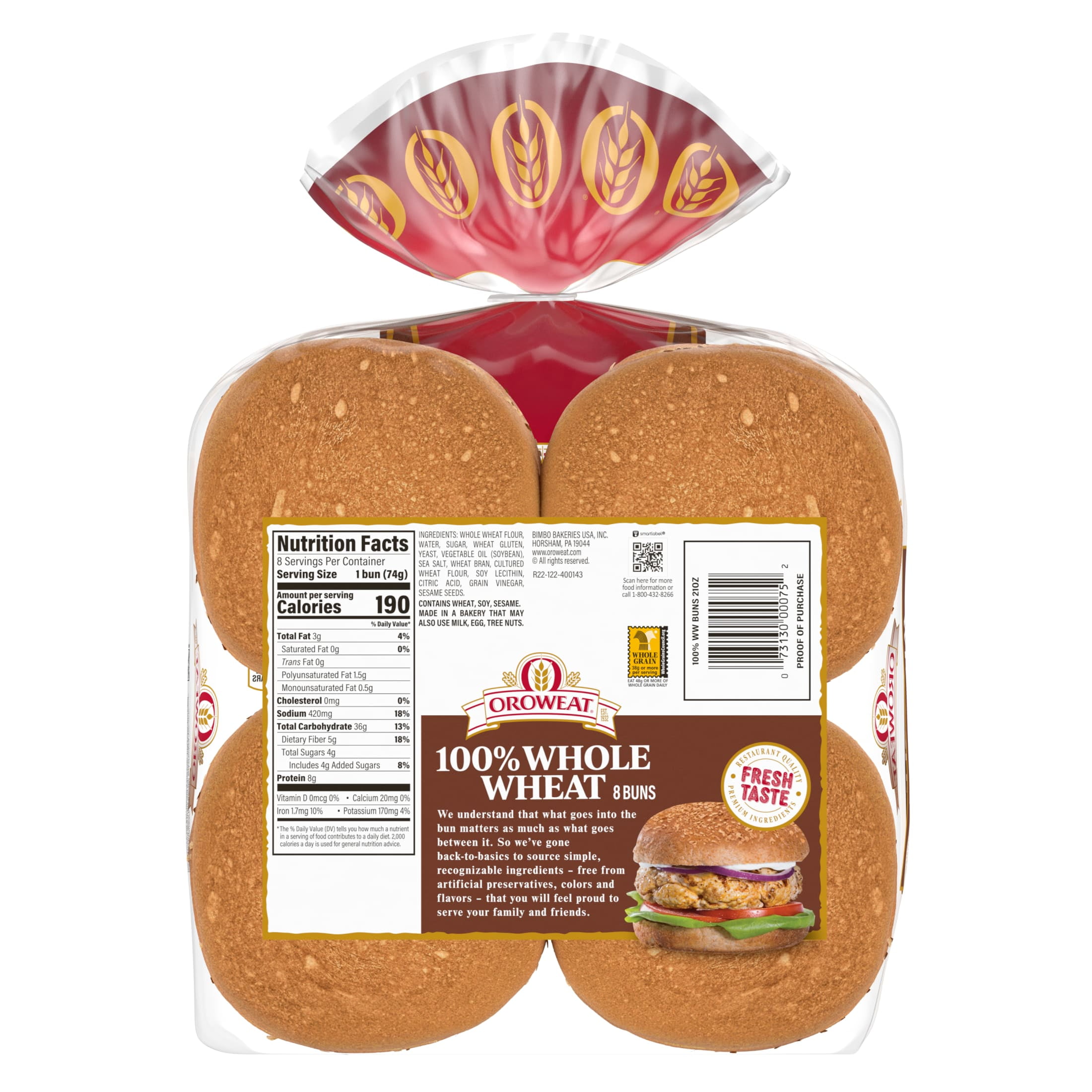 Oroweat Whole Wheat Buns, 8 count, Hamburger Buns, 21 oz Bag