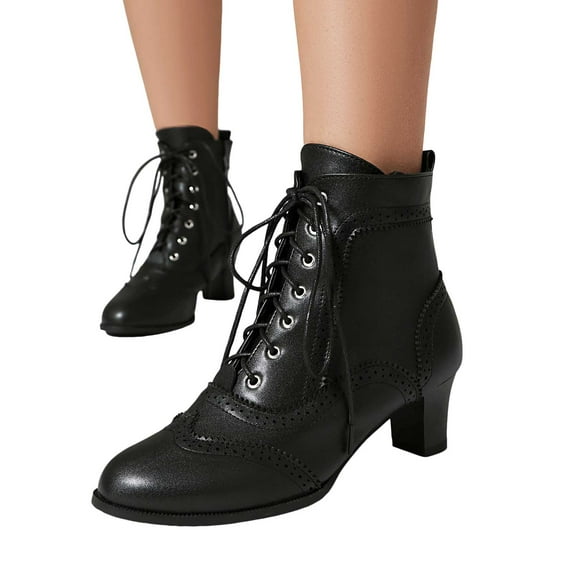 Womens Vintage Combat Boots Retro Leather Pointed Toe Stacked Kitten Heel Mid Calf Dress Ankle Booties