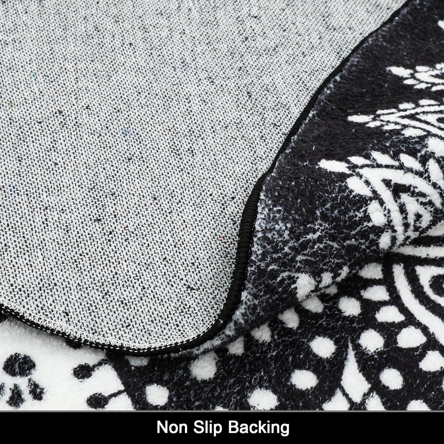 MJIAexp 4ft Mandala Boho Round Rug Circle Rug Non-Slip Machine Washable Area Rug Soft Bedroom Rug Throw Rug Vintage Carpet for Living Room Kitchen Dorm Coffee Table Black White