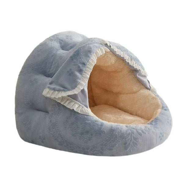 Cama para gatos, cueva cubierta, cálida, con cortina para puerta, para conejos azul