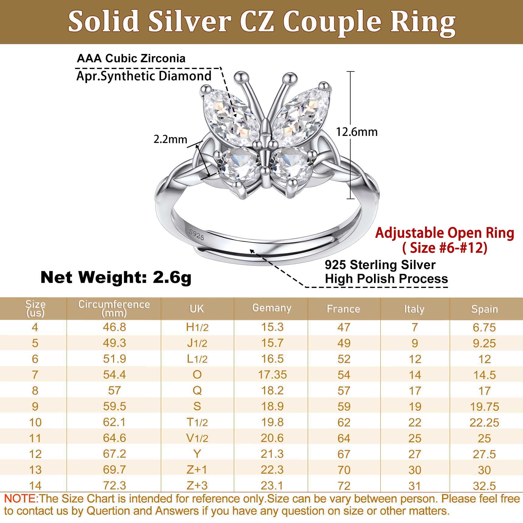 Bestyle Cute Butterfly Ring Pure S925 Sterling Silver Adjustable Open Ring April Diamond Birthstone Rings Birthday Mother's Day Gifts Size #6-12