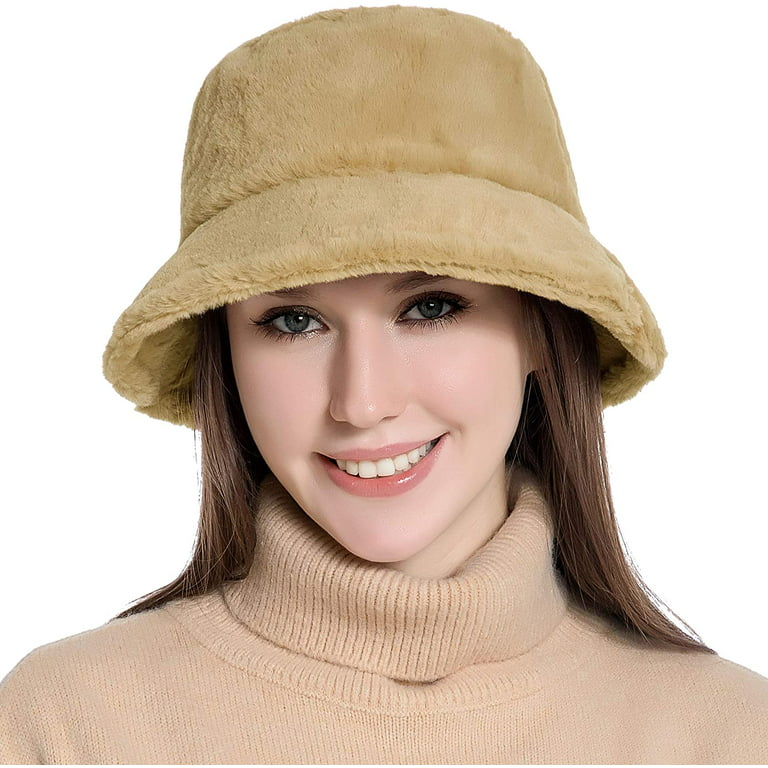 Muryobao Female Women Winter Bucket Hat Warm Faux Fur Wool Cloche Hats  Outdoor Foldable Fisherman Cap Brown
