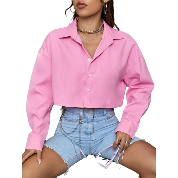 Casual Plain Shirt Collar Baby Pink Long Sleeve Women's Blouses XS (2)