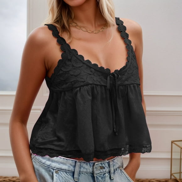 Tank Tops for Women Y2K Lace Trim Croped Tank Tops with Cute Ribbon Bow Tie Loose Fit Going Out Tops (Black M)
