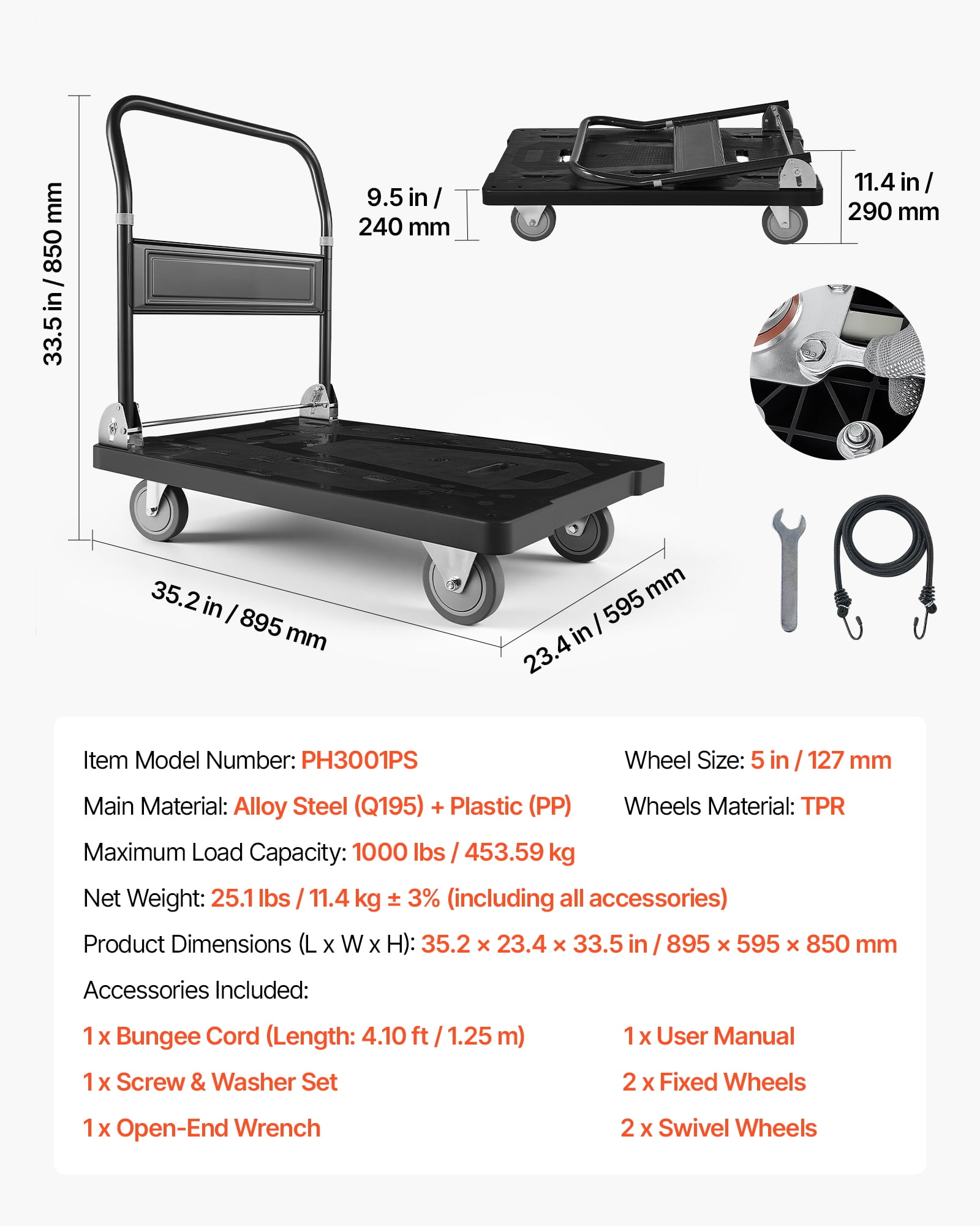 VEVOR Foldable Push Cart Dolly, 1000 lbs Capacity, Folding Platform Truck with Swivel Wheels, Moving Platform Hand Truck Flatbed Cart, Space Saving Push Handle, for Easy Storage,35.2 x 23.4 x 33.5 in