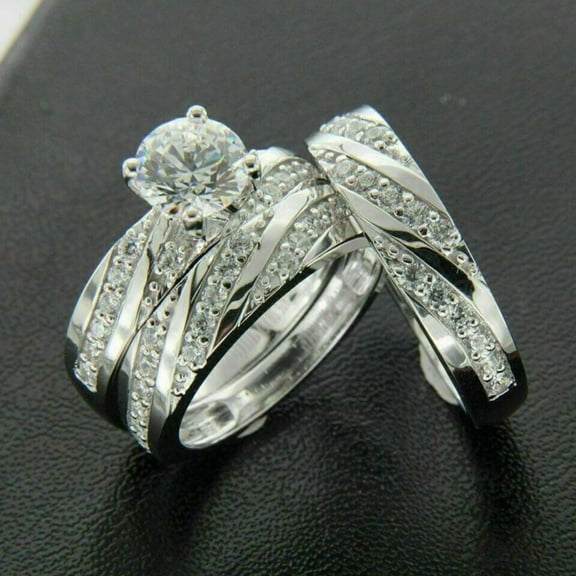 1.5Ct Round Cut Simulated Diamond His & Her Wedding Trio Ring Set 14K White Gold Plated