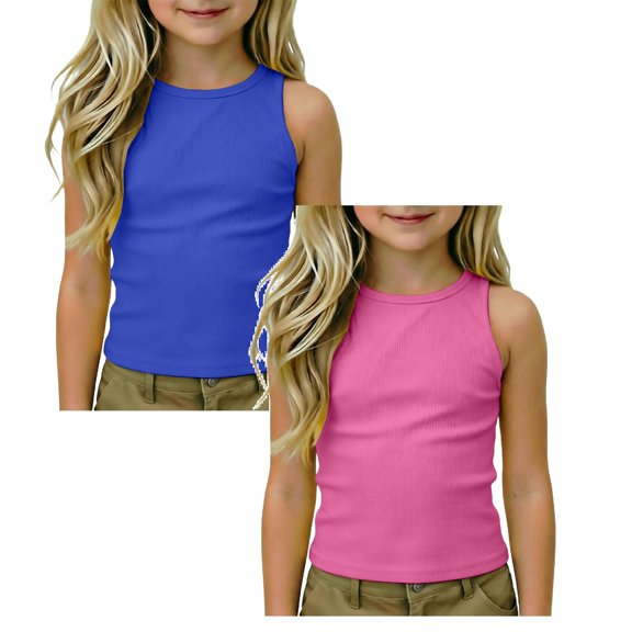 SGMVNU 2 Pack Tank Tops for Girls Summer Casual Fitted Sleeveless Ribbed Shirts Crewneck Racerback Athletic Tees, Size 7-8 Years, Blue & Hot Pink
