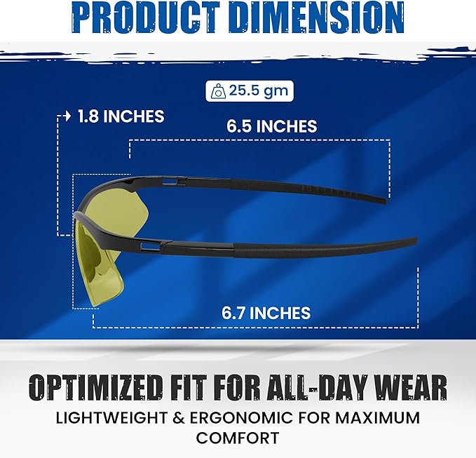 Mojave Amber Safety Glasses for Men/Women | ANSI Certified Eye Protection Glasses and Protective Eyewear | Anti-Scratch Coating and Wrap Around One-Piece Design Work Glasses - 3 Pack