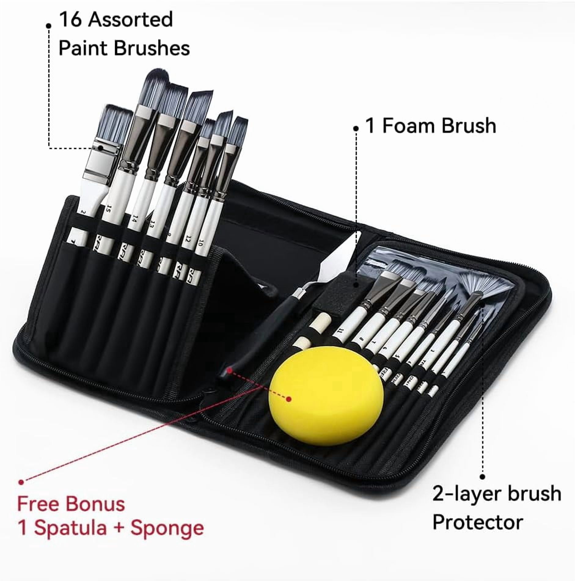 JJEAN-Transon Art Paint Brush Kit 16 Paint Brushes with Foam Brush Sponge Spatula and Art Case for Oil, Acrylic, Watercolor, Gouache, Painting