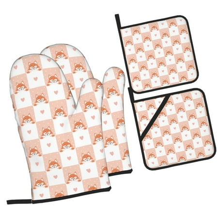 

Daiia love plaid fox Pattern Oven Mitts and Pot Holders 4 pcs Set High Heat Resistant 500 Degree Extra Thicken Long Kitchen Cotton Oven Glove