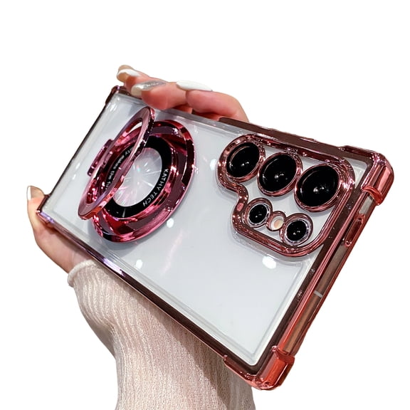 Stylish Clear Case for Samsung Galaxy S26 Ultra, Ring Holder Kickstand Anti-Yellow Mangetic Back Cover for Women Men [Corner Protector] Phone Case, Pink