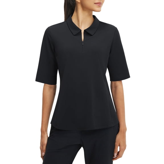baleaf Women's Golf Shirts Half Sleeve Elbow Length Sleeves Polo Tops Workout Athletic Collared Quarter Zip V Neck UPF Black M