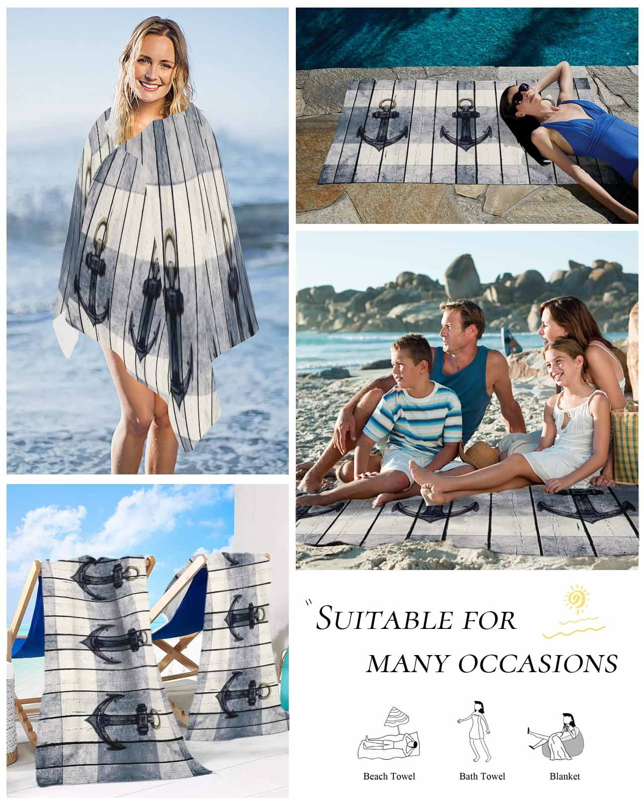 Navy Blue Nautical Beach Towels Oversized Super Absorbent, Coastal Blue Striped Vintage Lightweight Bath Towel Quick Dry Sets For Bathroom/Pool/Rv Camping/Beach Play/Gym Room/Picnic 30"x60"