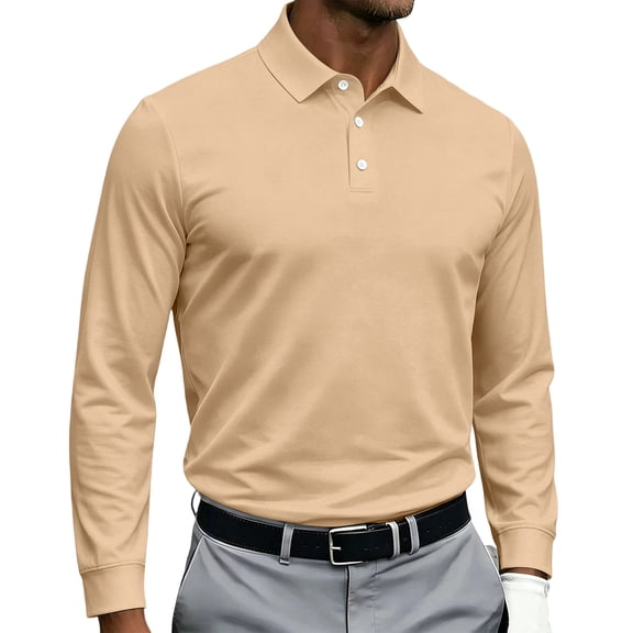 Satingcolo Men's Polo Shirt Long Sleeve Golf Shirts Lightweight UPF 50 Sun Protection Cool Shirts for Men Work Fishing Outdoor,Beige S