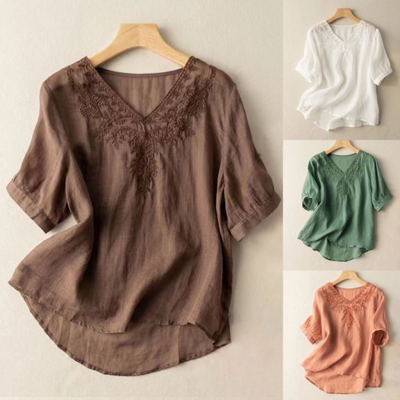 HAPIMO Women's Cotton Lined Loose Shirts Short Sleeve Tops Summer Trendy Clearance Girls V Neck Blouse Casual Relaxed Comfy Elegant Ethnic Floral Lace Crochet Tees Coffee L