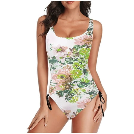 TrendVibe365 Cute One Piece Swimsuit for Women Green Thong Adjustable Shoulder Strap Floral Swimwear Beachwear L