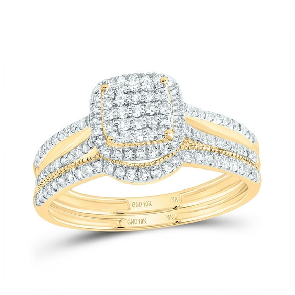 10kt Yellow Gold 1/2 Cttw Diamond Cushion Single Halo Wedding Engagement Anniversary Bridal Set, Women Size: 5-9