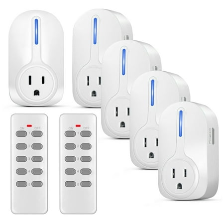 Wireless Outlet Switch with Remote Control - Wirelessly Turn Power On Off Wireless Electrical Outlet Plug for Household Appliances Lamp Light - 5 Pack with 2 Learning Code Remote