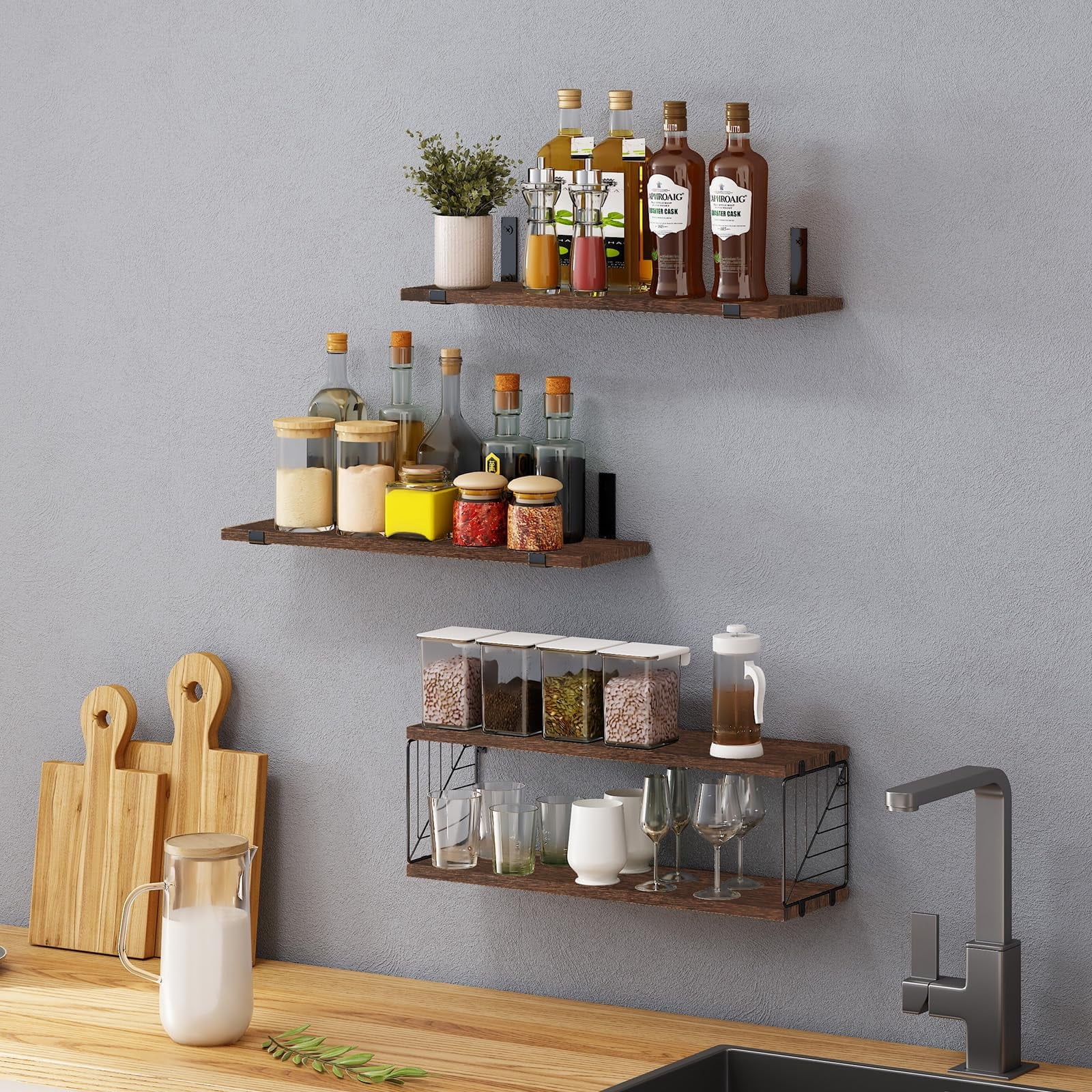 TEAFIRST Floating Shelves, 4 Tiers 15.8in Rustic Wood Wall Decor for Bathroom, Living Room, Brown