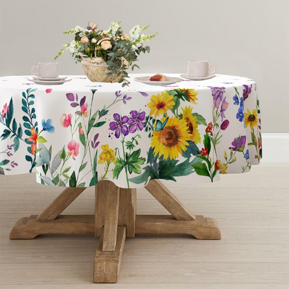 Round Spring Summer Tablecloth 60 x 60 inch, Spring Floral Watercolor Table Cloth, Waterproof Wrinkle Resistant Tablecloth, Spring Summer Decoration for Holiday Kitchen Dining Room