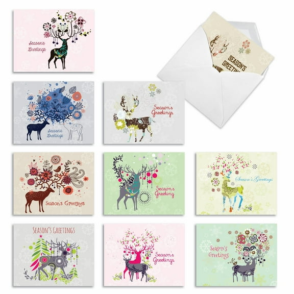 M2938SGB DANDY REINDEER' 10 Assorted Seasons Greetings Notecards Featuring Groovy Patterned Deer in Non-Traditional Holiday Colors, with Envelopes by The Best Card Company