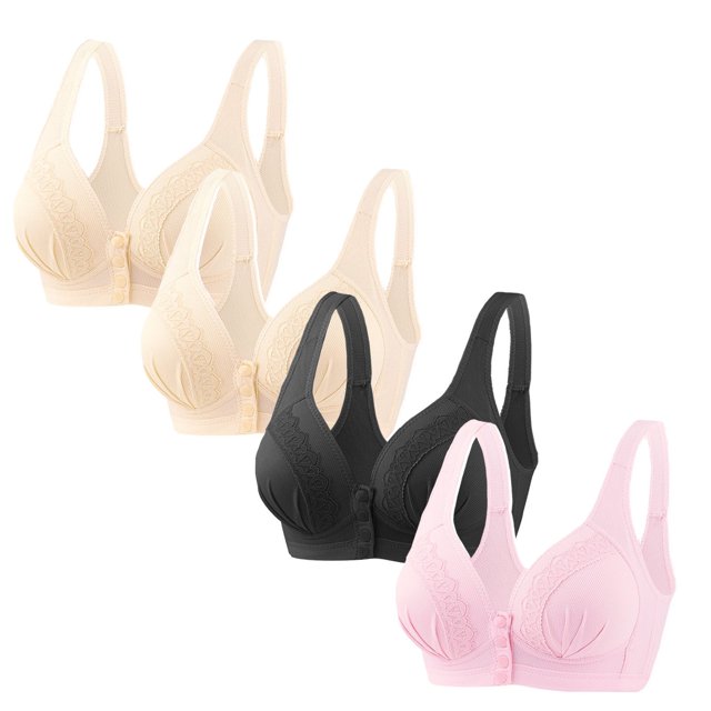 Kyusrd Front Open Bras For Women Button No Steel Ring Lace Pattern Wirefree Closeure Nursing Middle-Aged And Elderly Underwear Solid Color Oversized Push Up Lactation Open Seamless Daily Bra 4Pcs